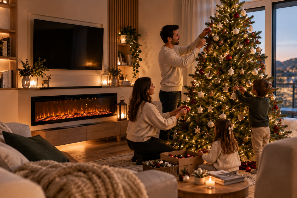 FAMILIA DECORANDO ARBOL DE NAVIDAD CON CHIMENEA ELECTRICA 